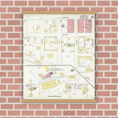 Old map wall art mockup — magnetic wood frame on brick wall — Sanborn Fire Insurance Map from Waxahachie, Ellis County, Texas (1904), Sheet #0005