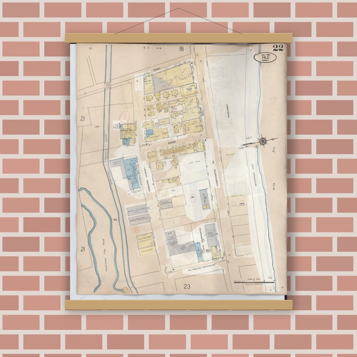 Old map wall art mockup — magnetic wood frame on brick wall — Sanborn Fire Insurance Map from Hilo, Hawaii County, Hawaii (1957), Sheet #0022