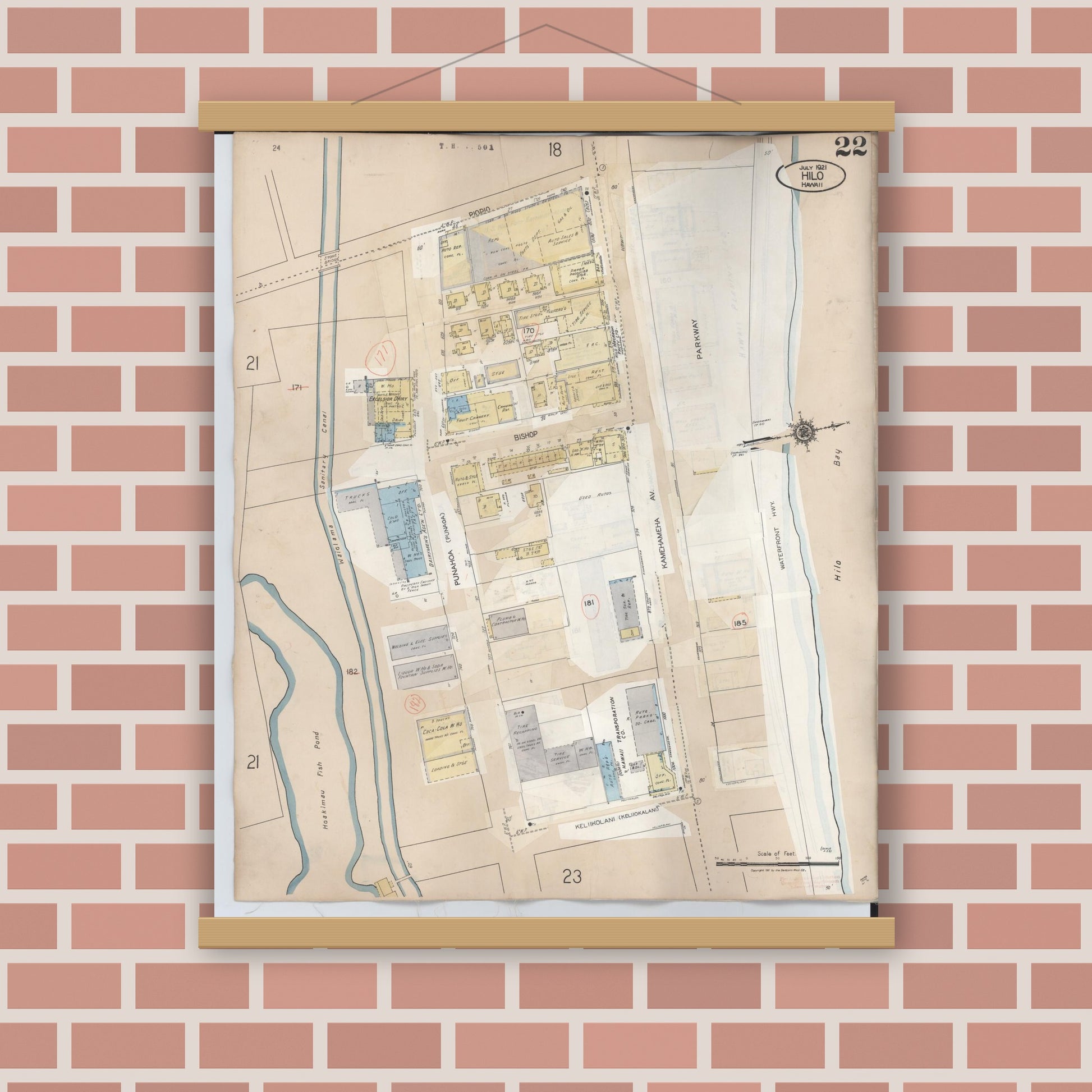 Old map wall art mockup — magnetic wood frame on brick wall — Sanborn Fire Insurance Map from Hilo, Hawaii County, Hawaii (1957), Sheet #0022