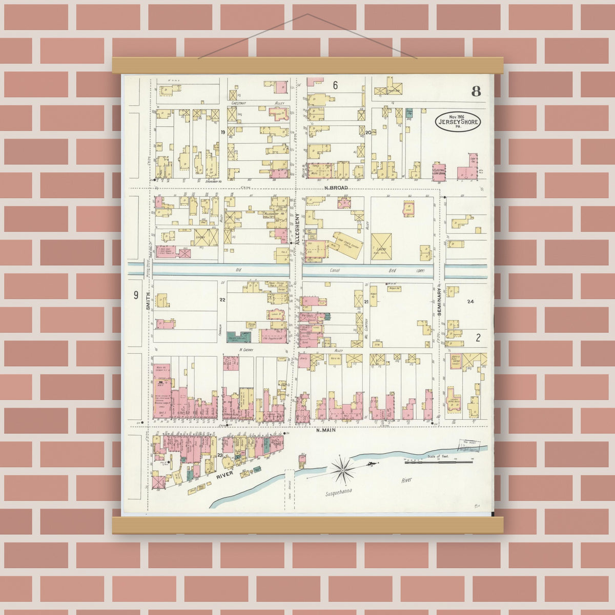 Old map wall art mockup — magnetic wood frame on brick wall — Sanborn Fire Insurance Map from Jersey Shore, Lycoming County, Pennsylvania (1906), Sheet #0008