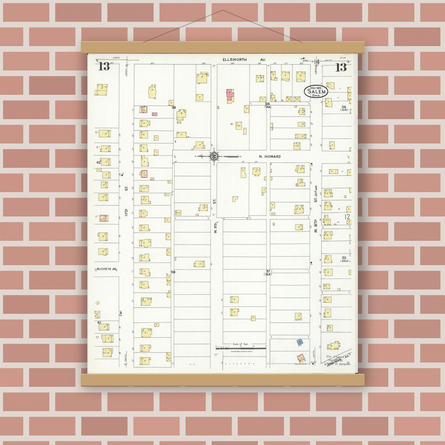 Old map wall art mockup — magnetic wood frame on brick wall — Sanborn Fire Insurance Map from Salem, Columbiana County, Ohio (1926), Sheet #0013