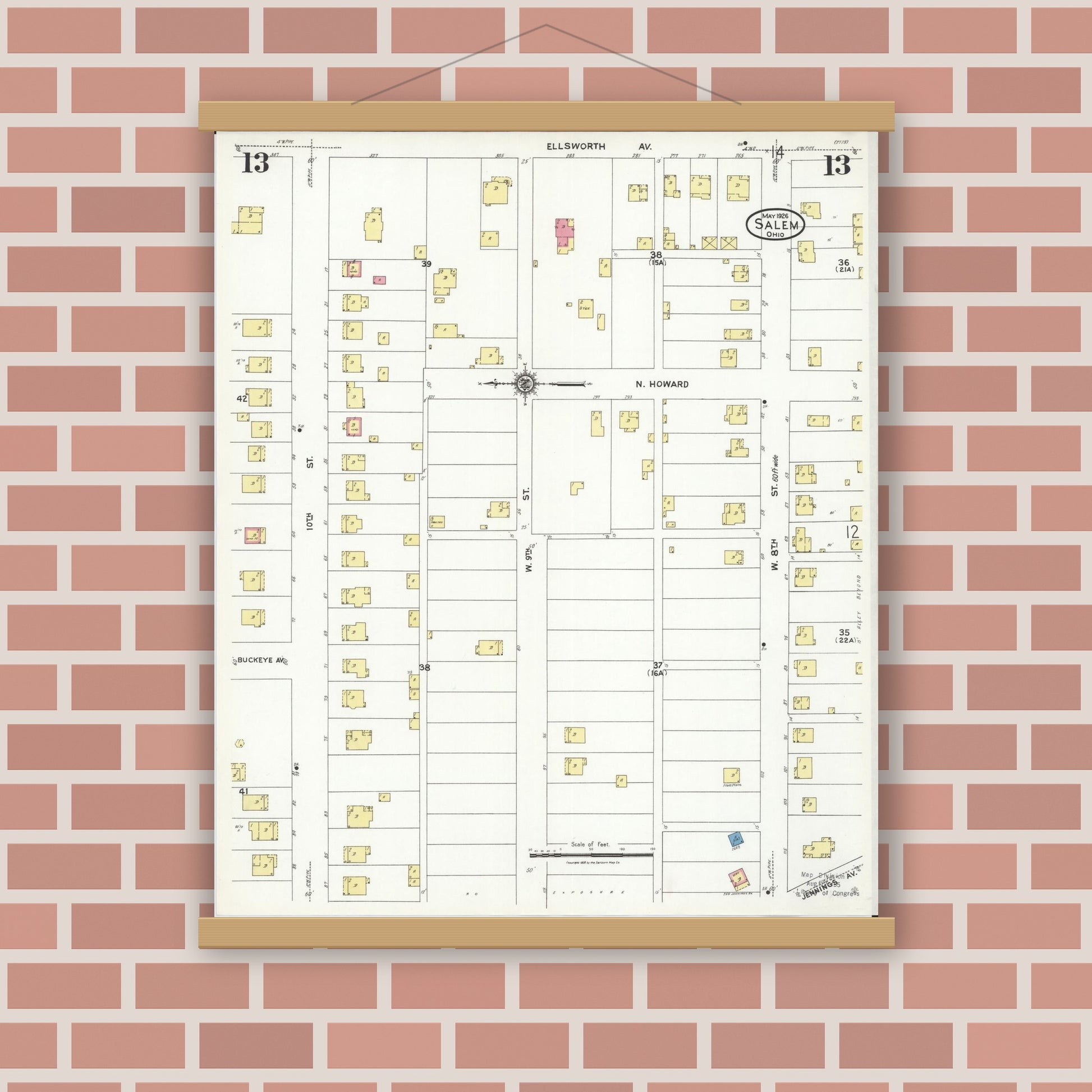 Old map wall art mockup — magnetic wood frame on brick wall — Sanborn Fire Insurance Map from Salem, Columbiana County, Ohio (1926), Sheet #0013