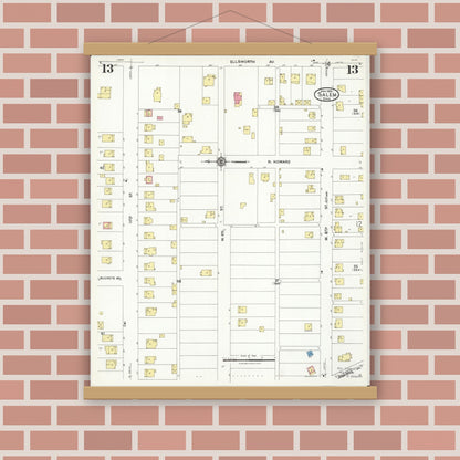 Old map wall art mockup — magnetic wood frame on brick wall — Sanborn Fire Insurance Map from Salem, Columbiana County, Ohio (1926), Sheet #0013