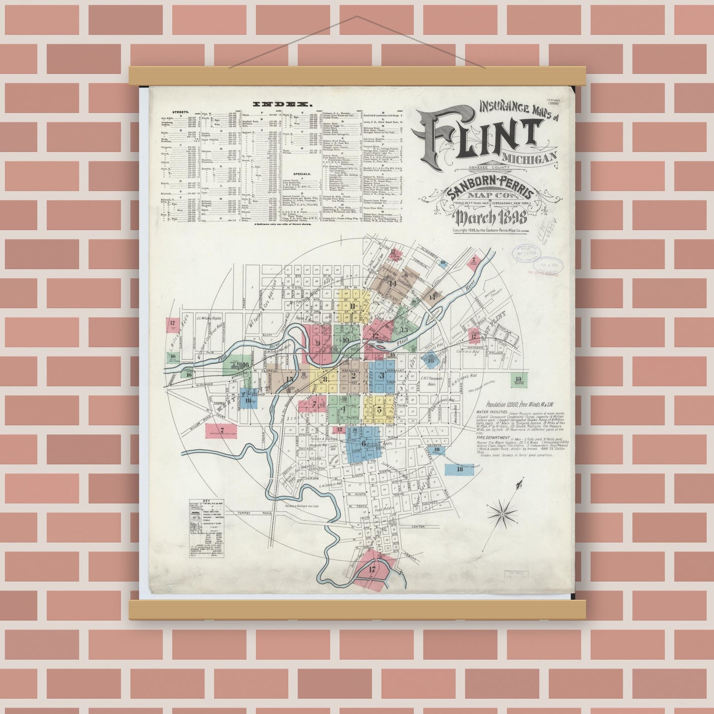 Old map wall art mockup — magnetic wood frame on brick wall — Sanborn Fire Insurance Map from Flint, Genesee County, Michigan (1898), Sheet #0001