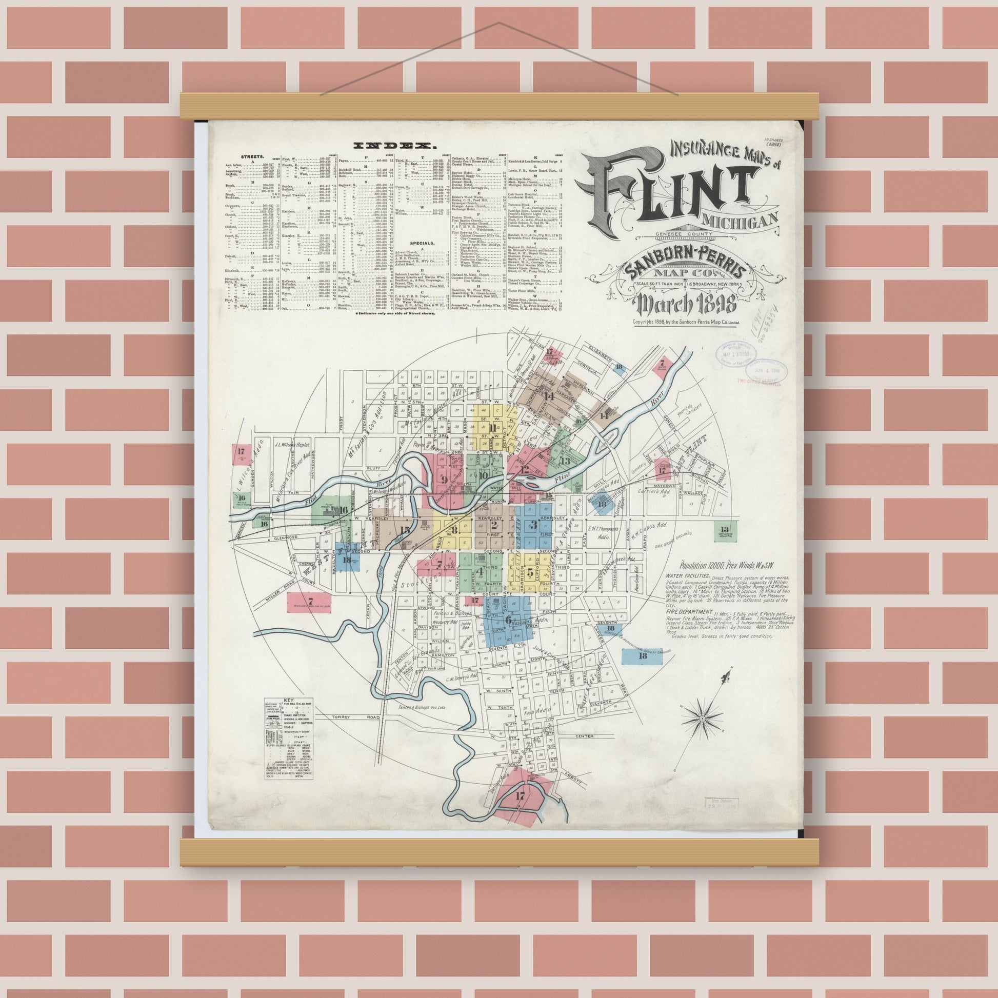 Old map wall art mockup — magnetic wood frame on brick wall — Sanborn Fire Insurance Map from Flint, Genesee County, Michigan (1898), Sheet #0001