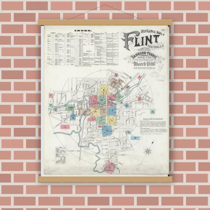 Old map wall art mockup — magnetic wood frame on brick wall — Sanborn Fire Insurance Map from Flint, Genesee County, Michigan (1898), Sheet #0001