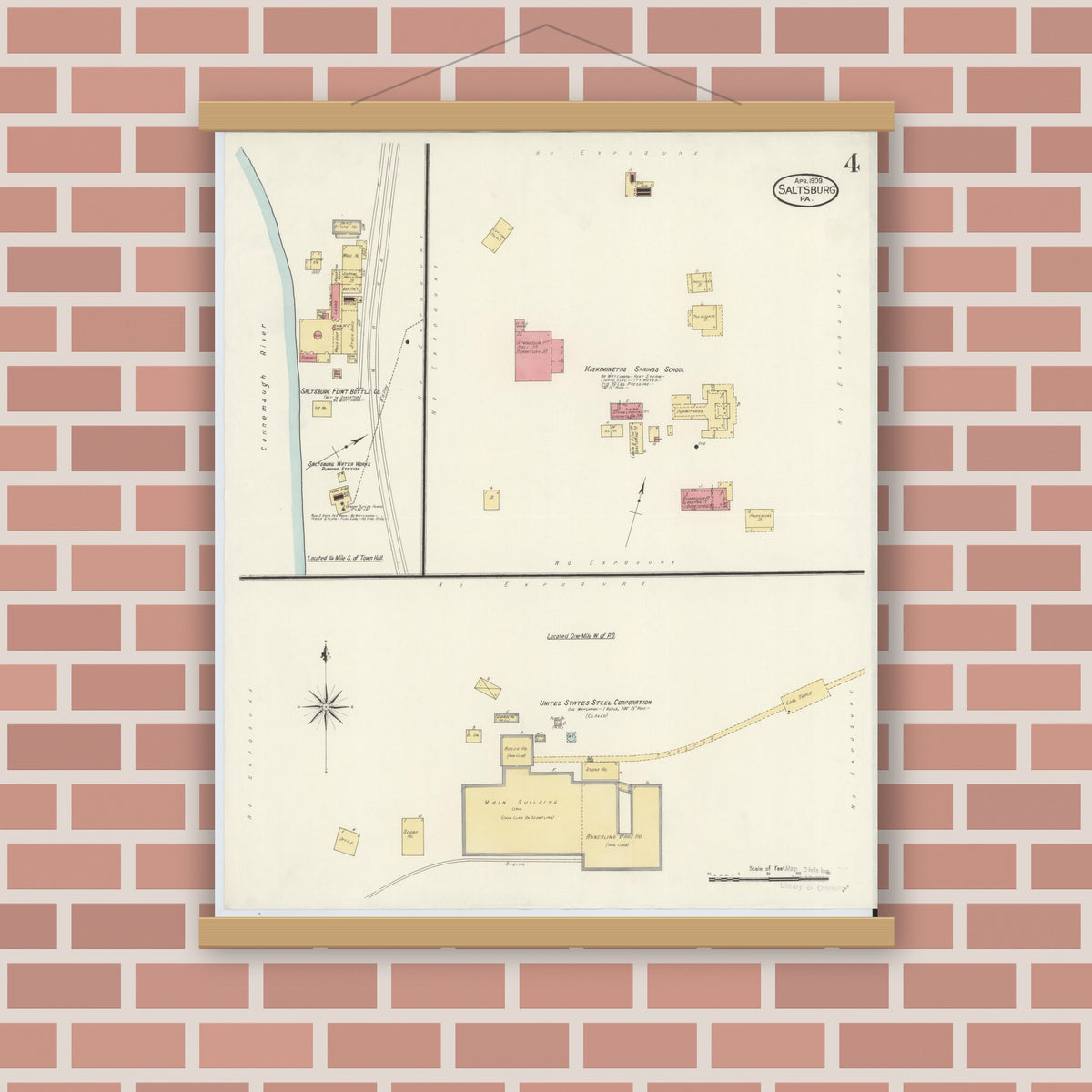 Old map wall art mockup — magnetic wood frame on brick wall — Sanborn Fire Insurance Map from Saltsburg, Indiana County, Pennsylvania (1909), Sheet #0004