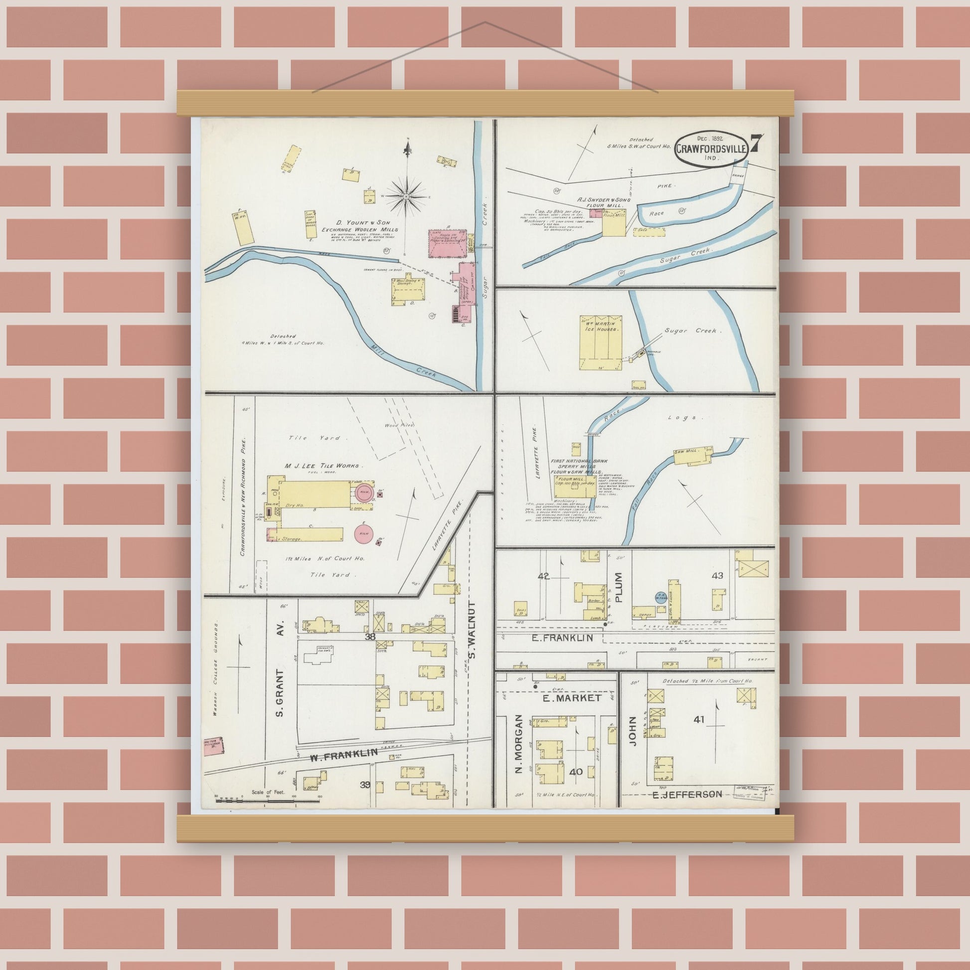 Old map wall art mockup — magnetic wood frame on brick wall — Sanborn Fire Insurance Map from Crawfordsville, Montgomery County, Indiana (1887), Sheet #0007