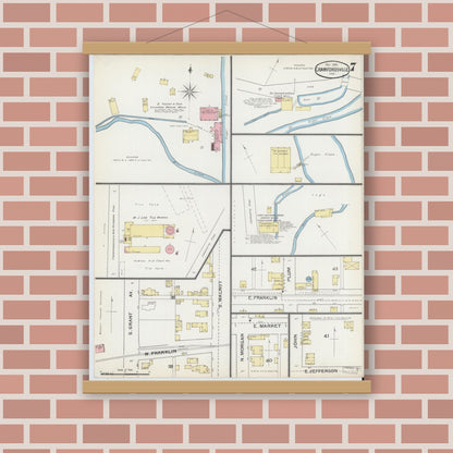 Old map wall art mockup — magnetic wood frame on brick wall — Sanborn Fire Insurance Map from Crawfordsville, Montgomery County, Indiana (1887), Sheet #0007