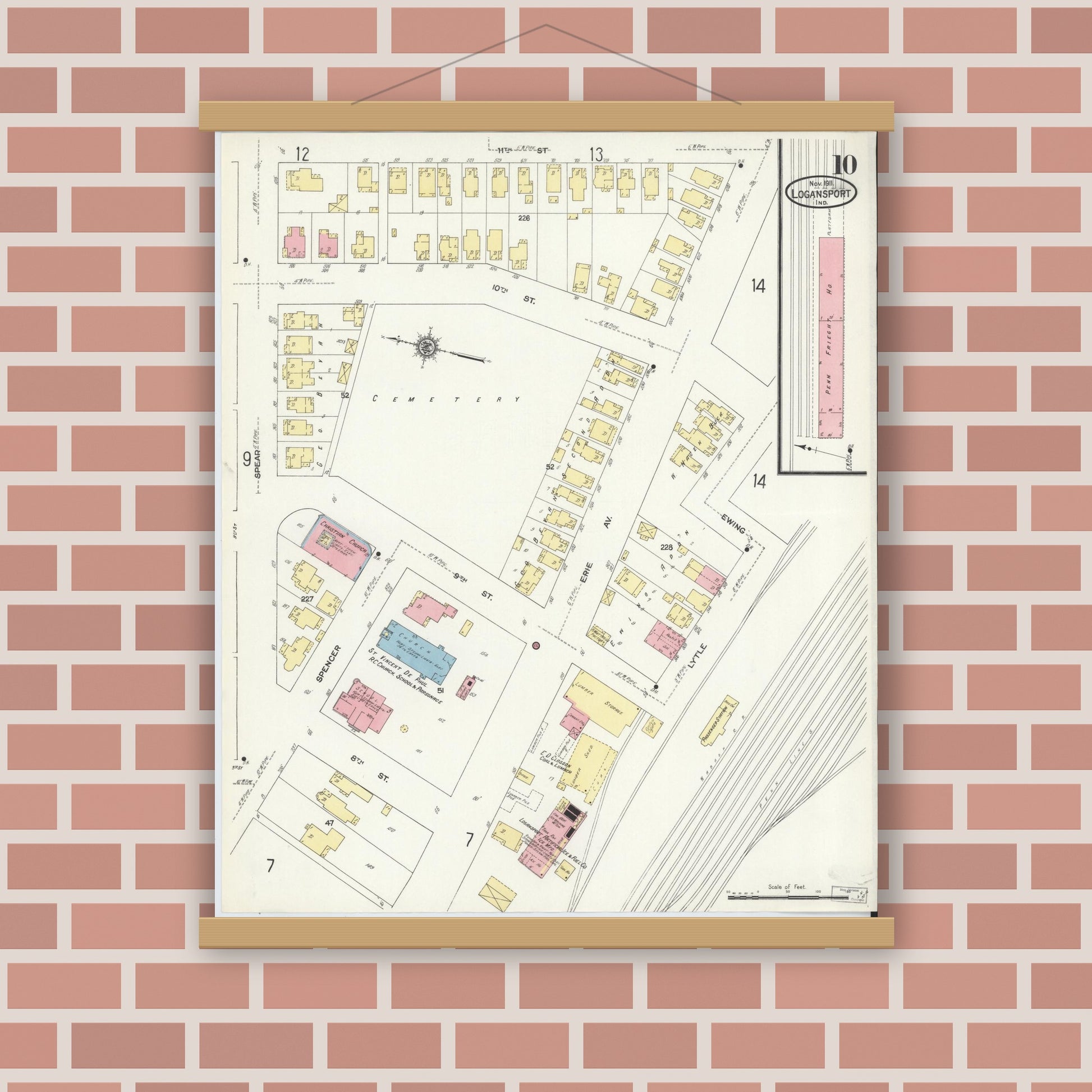 Old map wall art mockup — magnetic wood frame on brick wall — Sanborn Fire Insurance Map from Logansport, Cass County, Indiana (1911), Sheet #0010