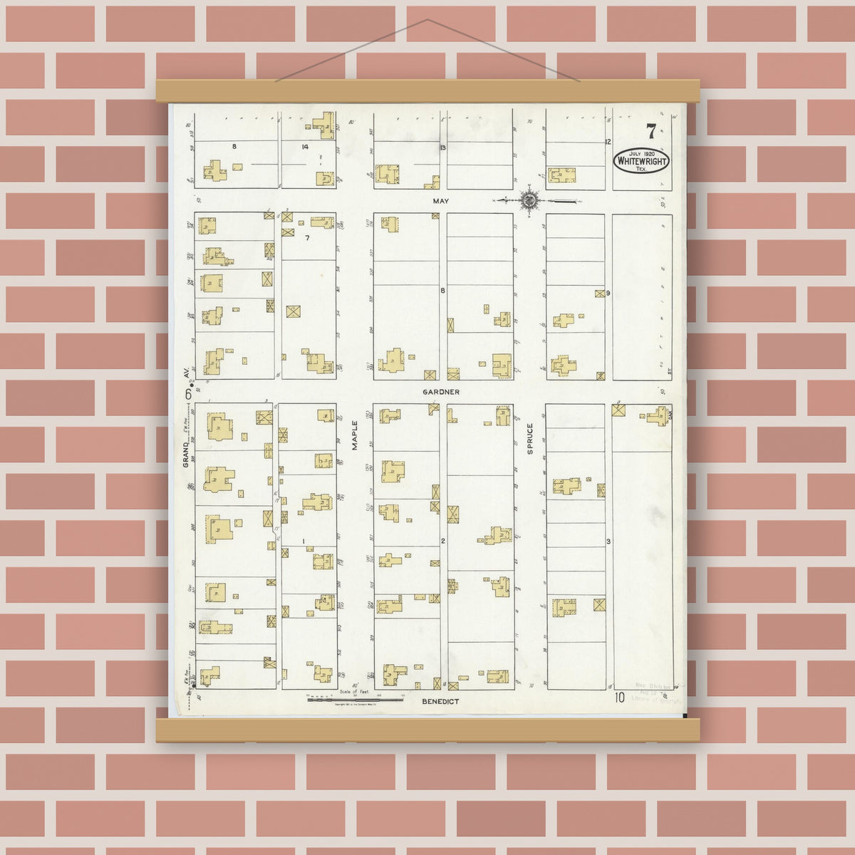 Old map wall art mockup — magnetic wood frame on brick wall — Sanborn Fire Insurance Map from Whitewright, Grayson County, Texas (1920), Sheet #0007