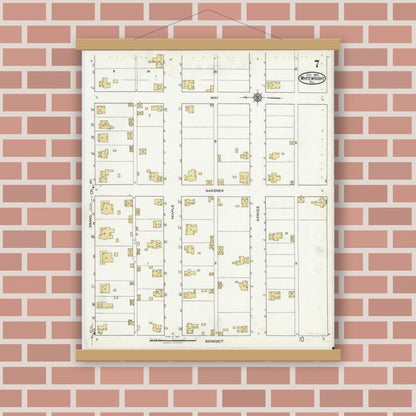 Old map wall art mockup — magnetic wood frame on brick wall — Sanborn Fire Insurance Map from Whitewright, Grayson County, Texas (1920), Sheet #0007