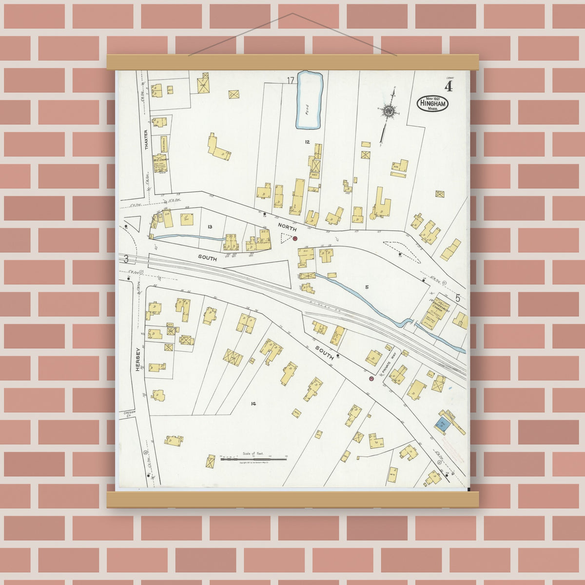 Old map wall art mockup — magnetic wood frame on brick wall — Sanborn Fire Insurance Map from Hingham, Plymouth County, Massachusetts (1921), Sheet #0004