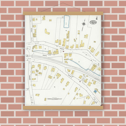 Old map wall art mockup — magnetic wood frame on brick wall — Sanborn Fire Insurance Map from Hingham, Plymouth County, Massachusetts (1921), Sheet #0004