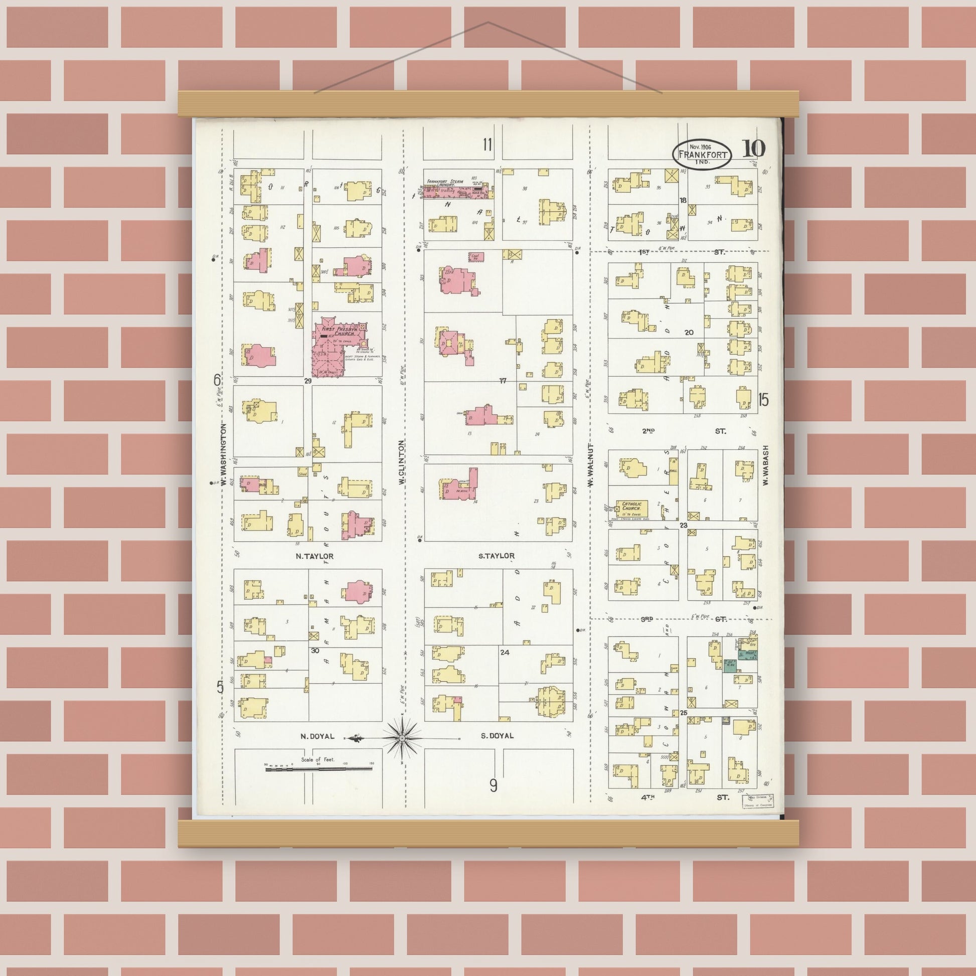 Old map wall art mockup — magnetic wood frame on brick wall — Sanborn Fire Insurance Map from Frankfort, Clinton County, Indiana (1906), Sheet #0010