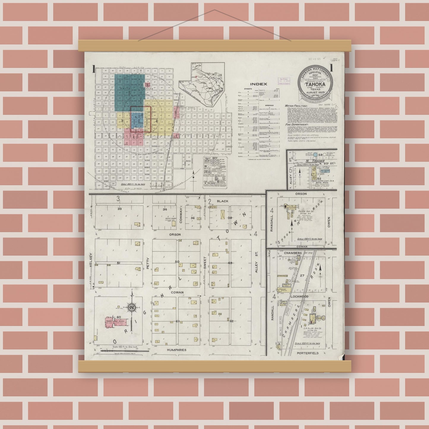 Old map wall art mockup — magnetic wood frame on brick wall — Sanborn Fire Insurance Map from Tahoka, Lynn County, Texas (1925), Sheet #0001