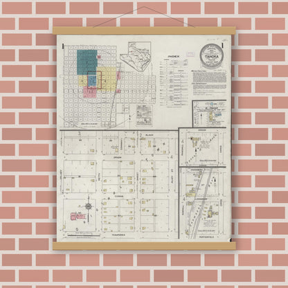 Old map wall art mockup — magnetic wood frame on brick wall — Sanborn Fire Insurance Map from Tahoka, Lynn County, Texas (1925), Sheet #0001