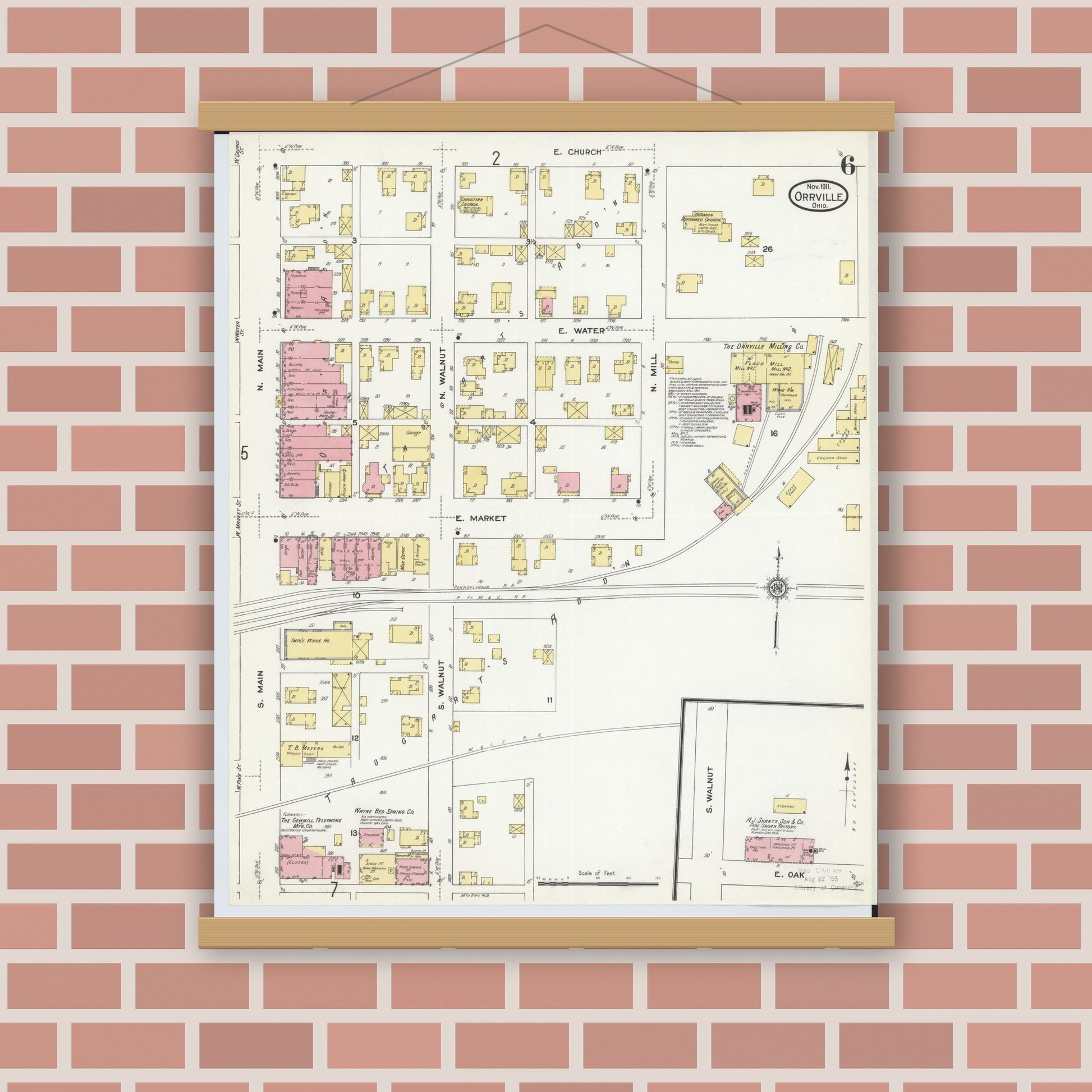 Old map wall art mockup — magnetic wood frame on brick wall — Sanborn Fire Insurance Map from Orrville, Wayne County, Ohio (1911), Sheet #0006
