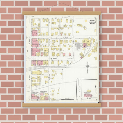 Old map wall art mockup — magnetic wood frame on brick wall — Sanborn Fire Insurance Map from Orrville, Wayne County, Ohio (1911), Sheet #0006