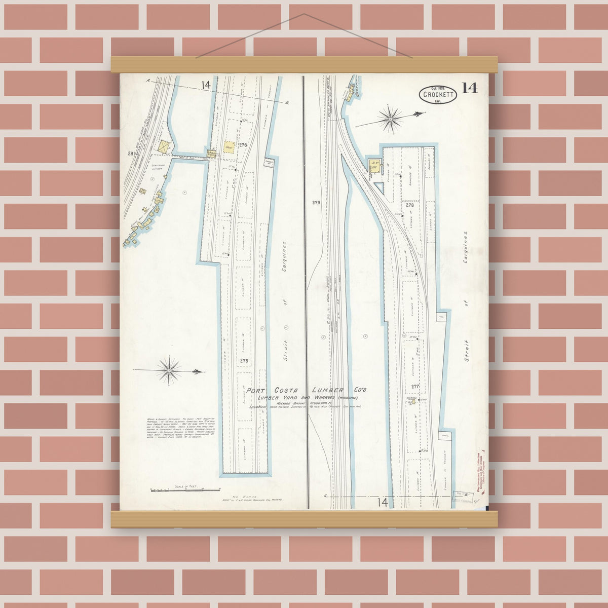 Old map wall art mockup — magnetic wood frame on brick wall — Sanborn Fire Insurance Map from Crockett, Contra Costa County, California (1899), Sheet #0014
