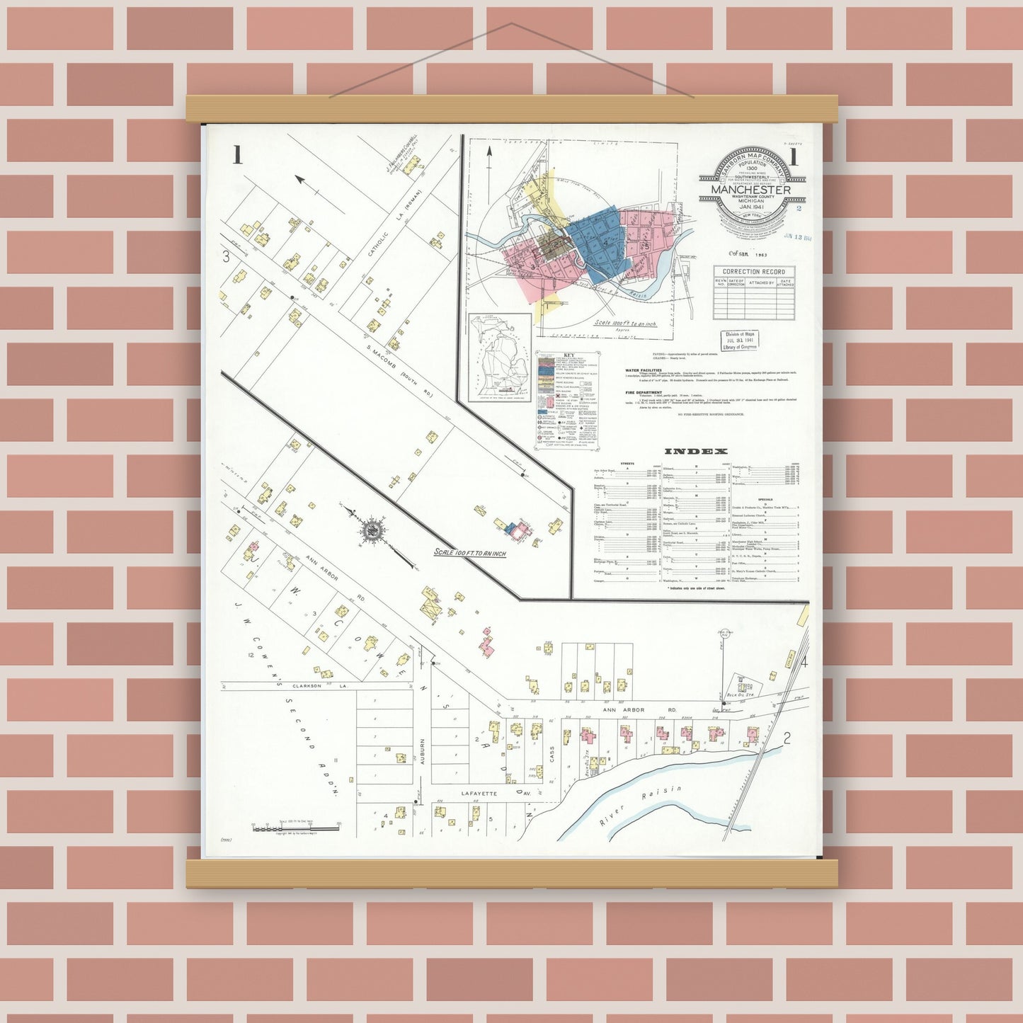 Old map wall art mockup — magnetic wood frame on brick wall — Sanborn Fire Insurance Map from Manchester, Washtenaw County, Michigan (1941) - Complete Map Set