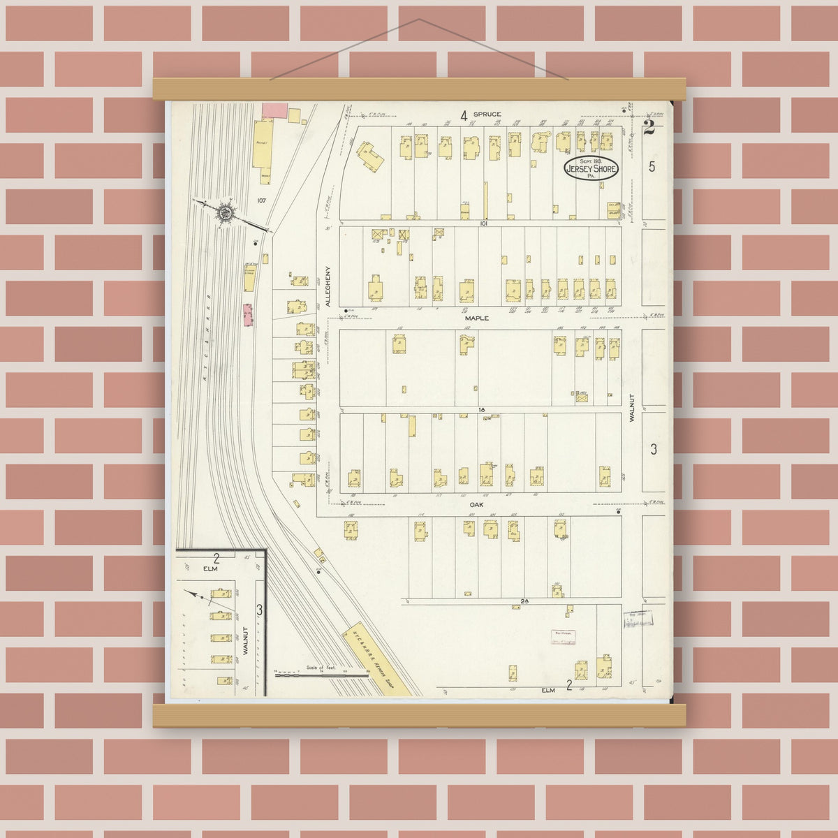 Old map wall art mockup — magnetic wood frame on brick wall — Sanborn Fire Insurance Map from Jersey Shore, Lycoming County, Pennsylvania (1913), Sheet #0002