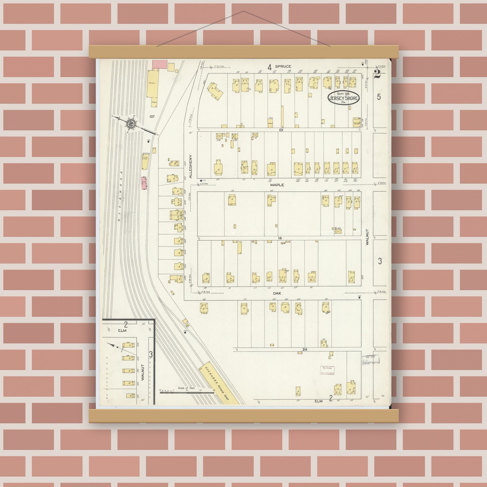 Old map wall art mockup — magnetic wood frame on brick wall — Sanborn Fire Insurance Map from Jersey Shore, Lycoming County, Pennsylvania (1913), Sheet #0002