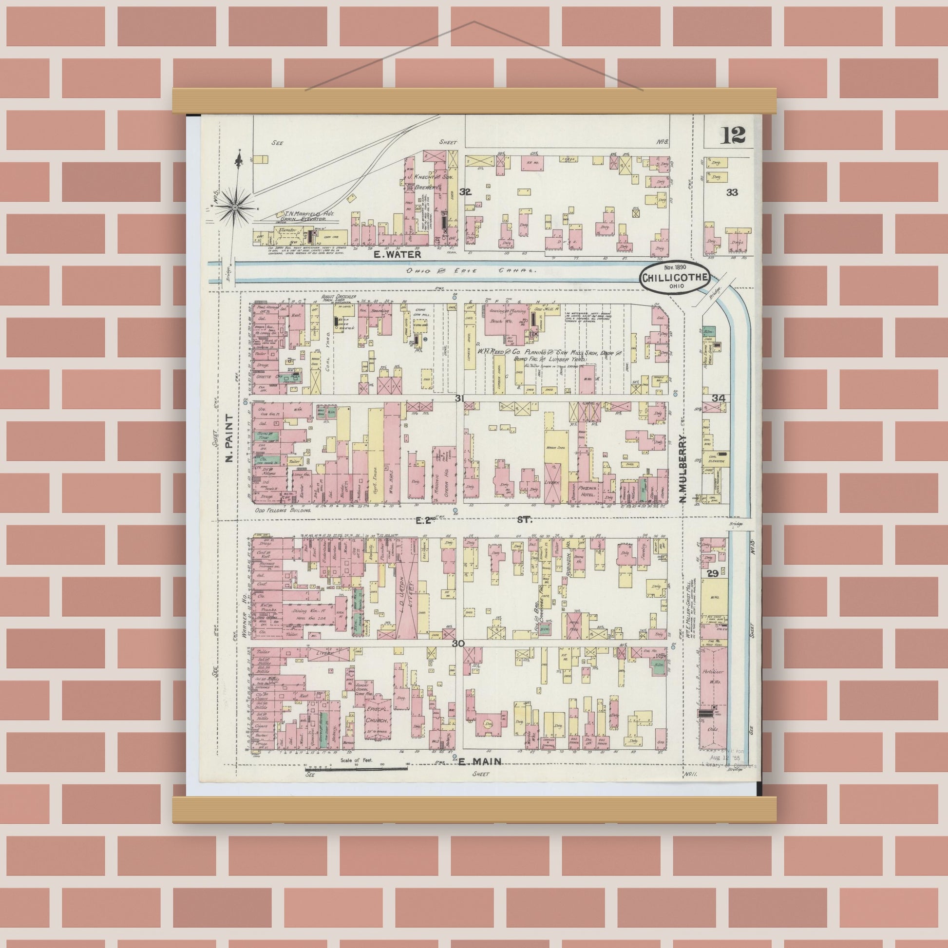 Old map wall art mockup — magnetic wood frame on brick wall — Sanborn Fire Insurance Map from Chillicothe, Ross County, Ohio (1890), Sheet #0012