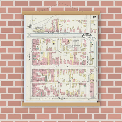 Old map wall art mockup — magnetic wood frame on brick wall — Sanborn Fire Insurance Map from Chillicothe, Ross County, Ohio (1890), Sheet #0012