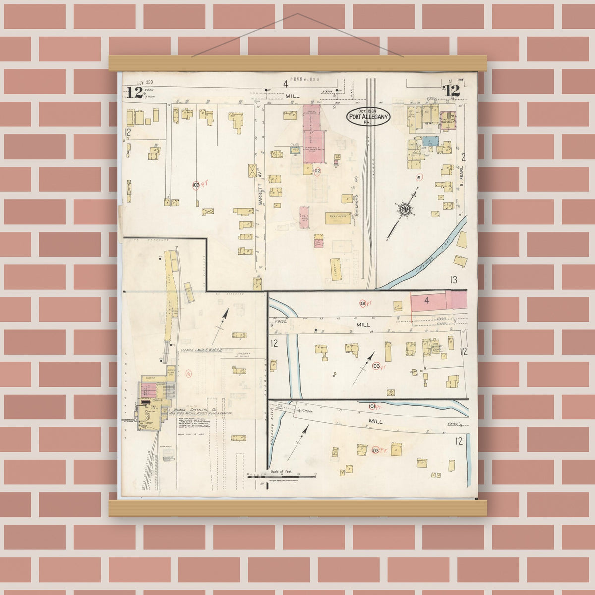 Old map wall art mockup — magnetic wood frame on brick wall — Sanborn Fire Insurance Map from Port Allegany, McKean County, Pennsylvania (1940), Sheet #0012