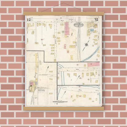 Old map wall art mockup — magnetic wood frame on brick wall — Sanborn Fire Insurance Map from Port Allegany, McKean County, Pennsylvania (1940), Sheet #0012