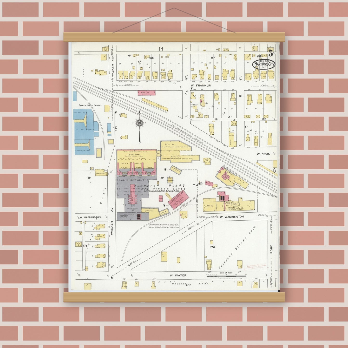 Old map wall art mockup — magnetic wood frame on brick wall — Sanborn Fire Insurance Map from Hartford City, Blackford County, Indiana (1920), Sheet #0005