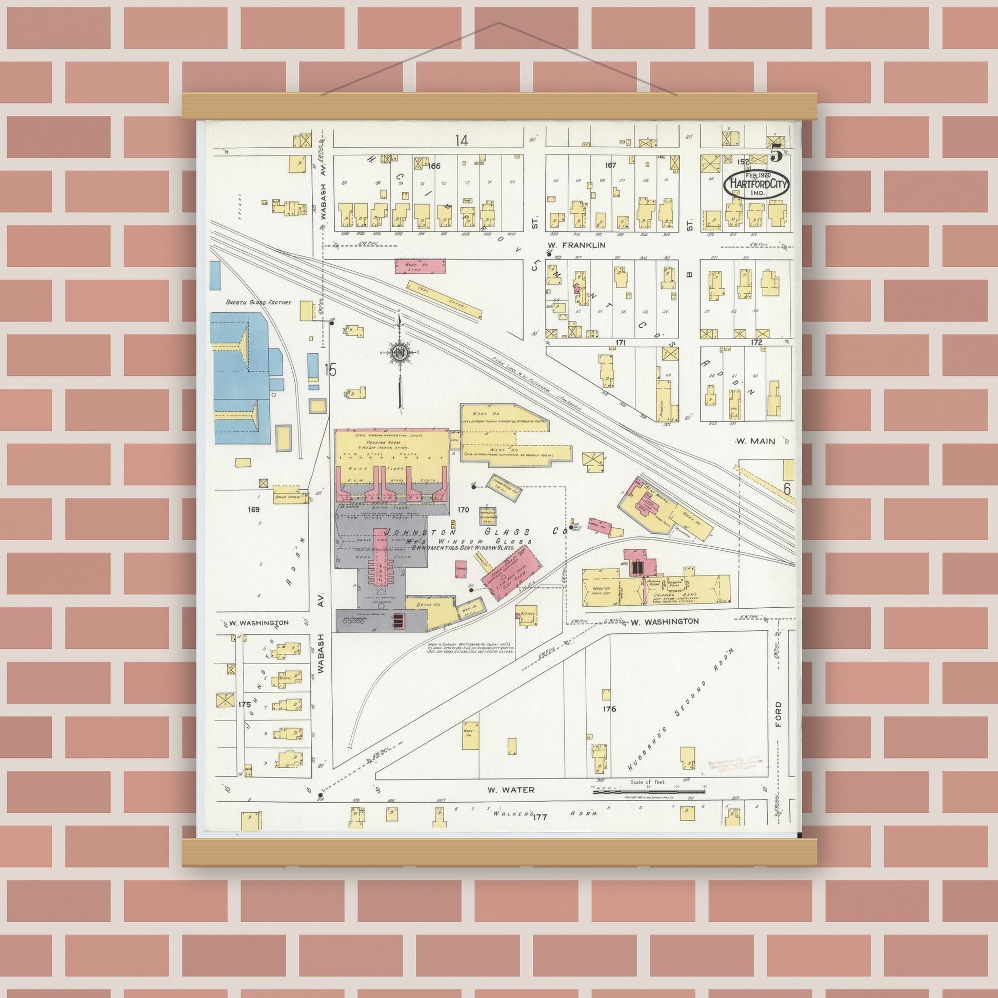 Old map wall art mockup — magnetic wood frame on brick wall — Sanborn Fire Insurance Map from Hartford City, Blackford County, Indiana (1920), Sheet #0005