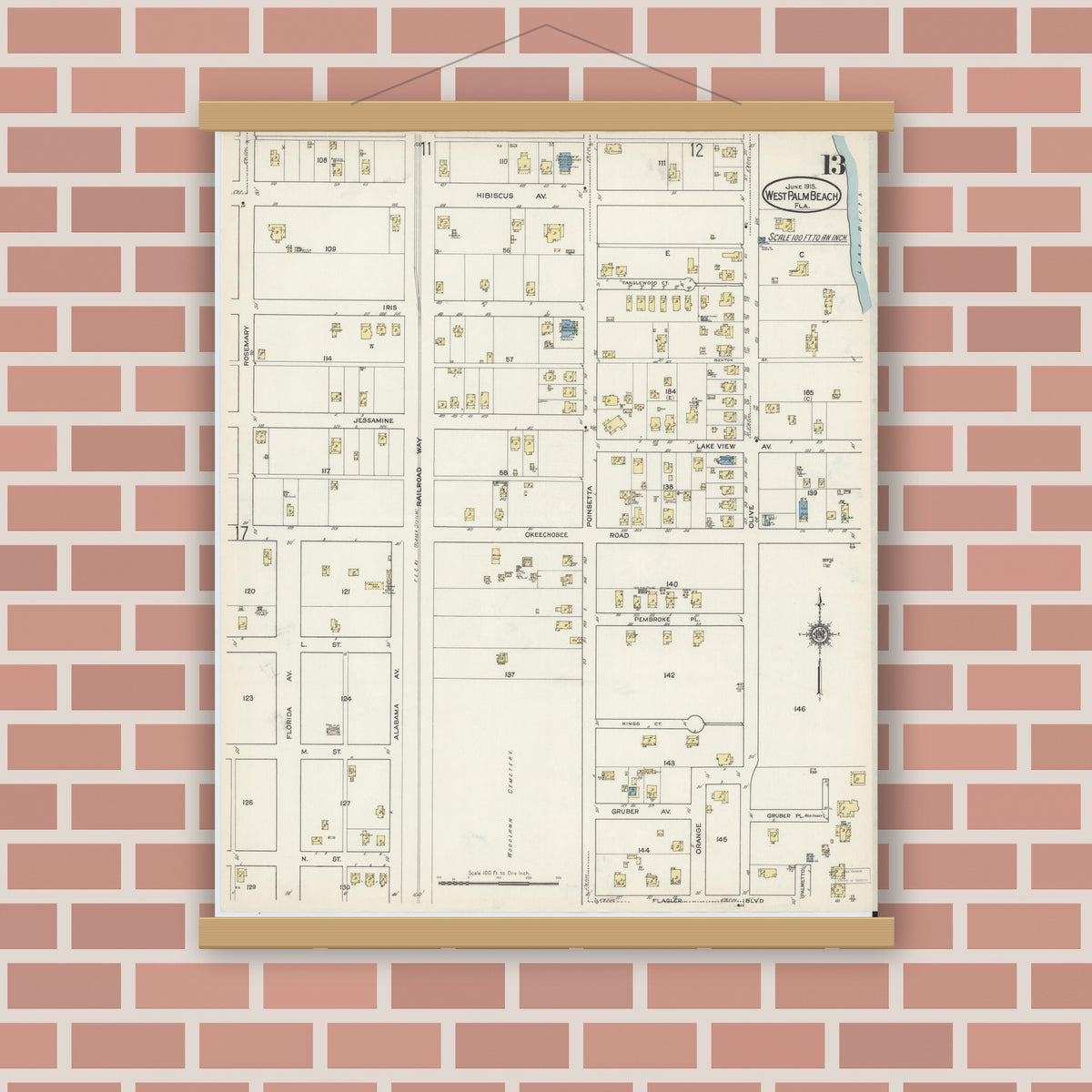 Old map wall art mockup — magnetic wood frame on brick wall — Sanborn Fire Insurance Map from West Palm Beach, Dade County, Florida (1915), Sheet #0013