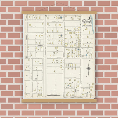 Old map wall art mockup — magnetic wood frame on brick wall — Sanborn Fire Insurance Map from West Palm Beach, Dade County, Florida (1915), Sheet #0013