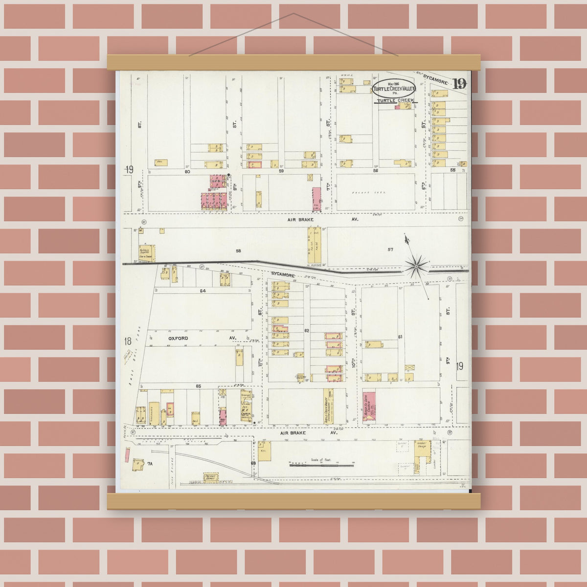 Old map wall art mockup — magnetic wood frame on brick wall — Sanborn Fire Insurance Map from Turtle Creek Valley, Allegheny County, Pennsylvania (1906), Sheet #0019