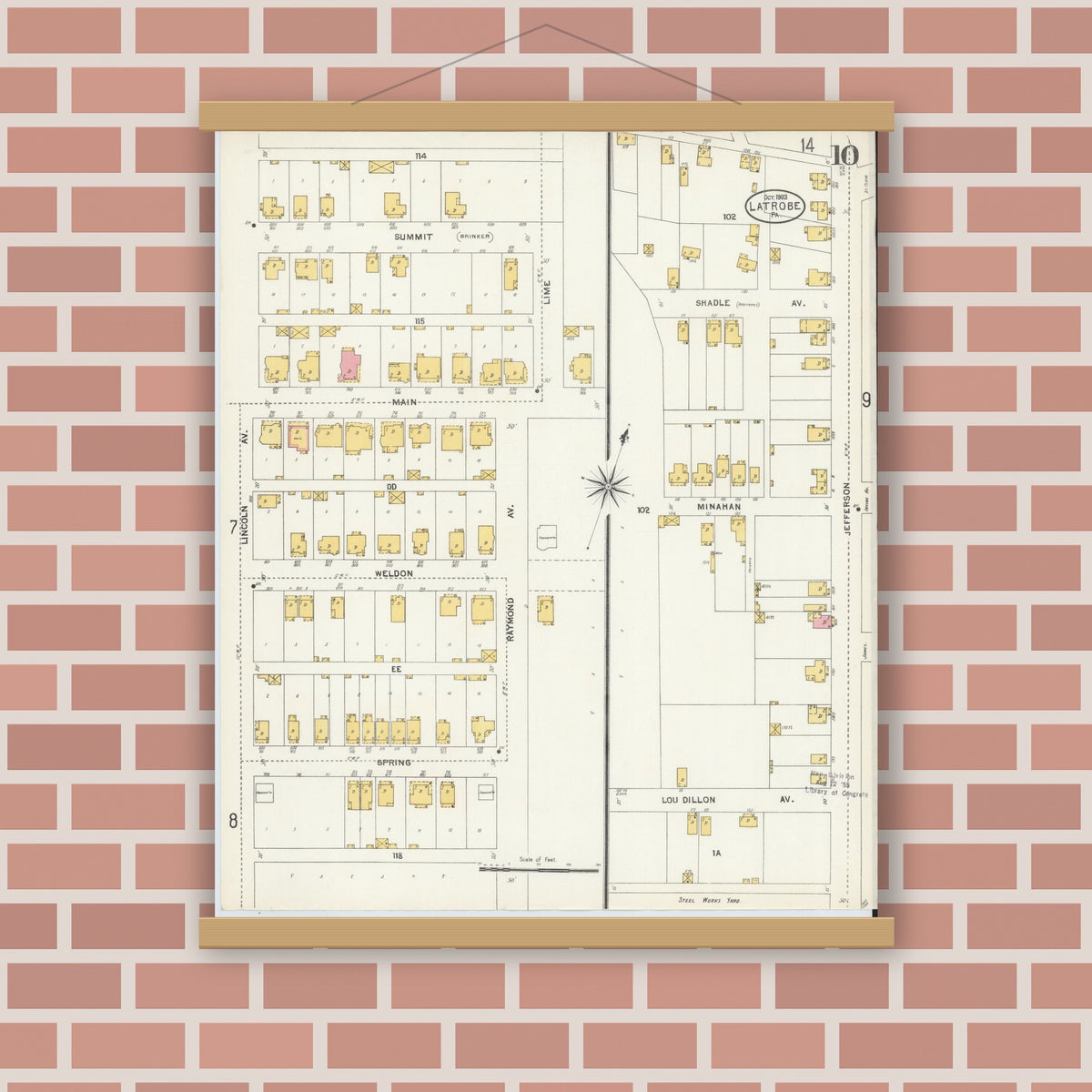 Old map wall art mockup — magnetic wood frame on brick wall — Sanborn Fire Insurance Map from Latrobe, Westmoreland County, Pennsylvania (1903), Sheet #0010