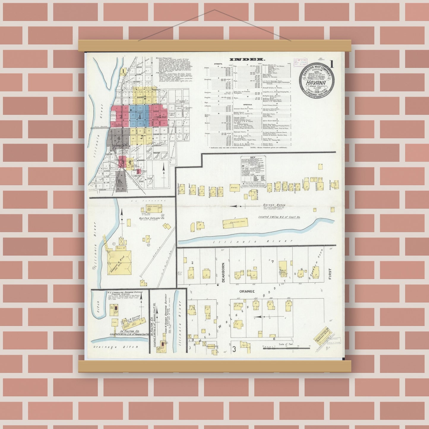 Old map wall art mockup — magnetic wood frame on brick wall — Sanborn Fire Insurance Map from Havana, Mason County, Illinois (1909) - Complete Map Set