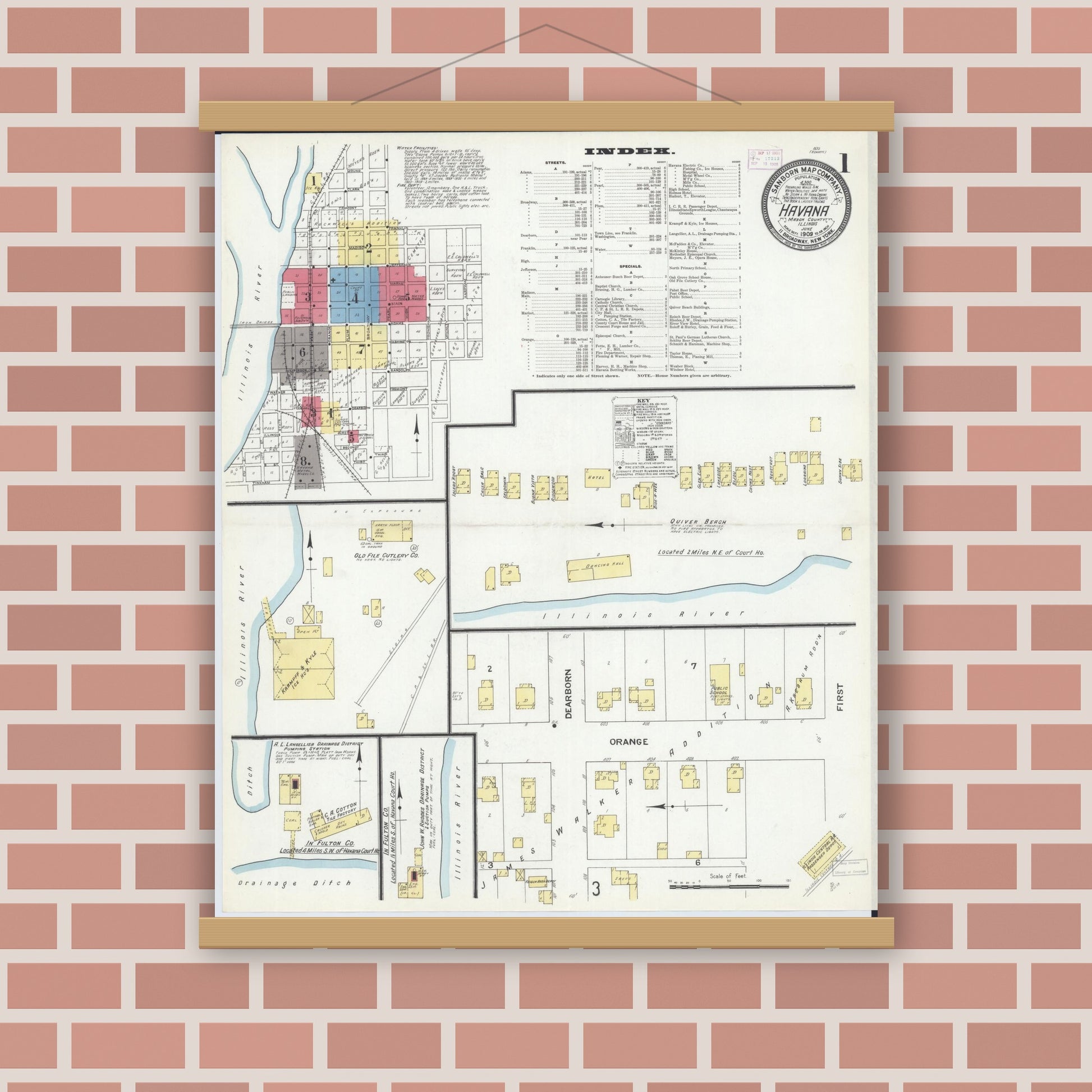 Old map wall art mockup — magnetic wood frame on brick wall — Sanborn Fire Insurance Map from Havana, Mason County, Illinois (1909) - Complete Map Set