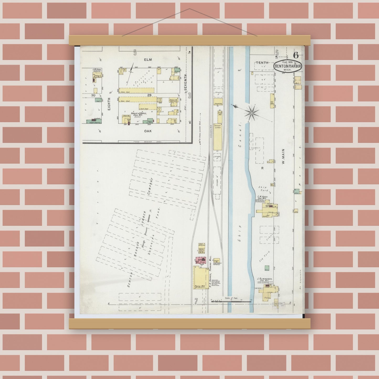 Old map wall art mockup — magnetic wood frame on brick wall — Sanborn Fire Insurance Map from Benton Harbor, Berrien County, Michigan (1895), Sheet #0006