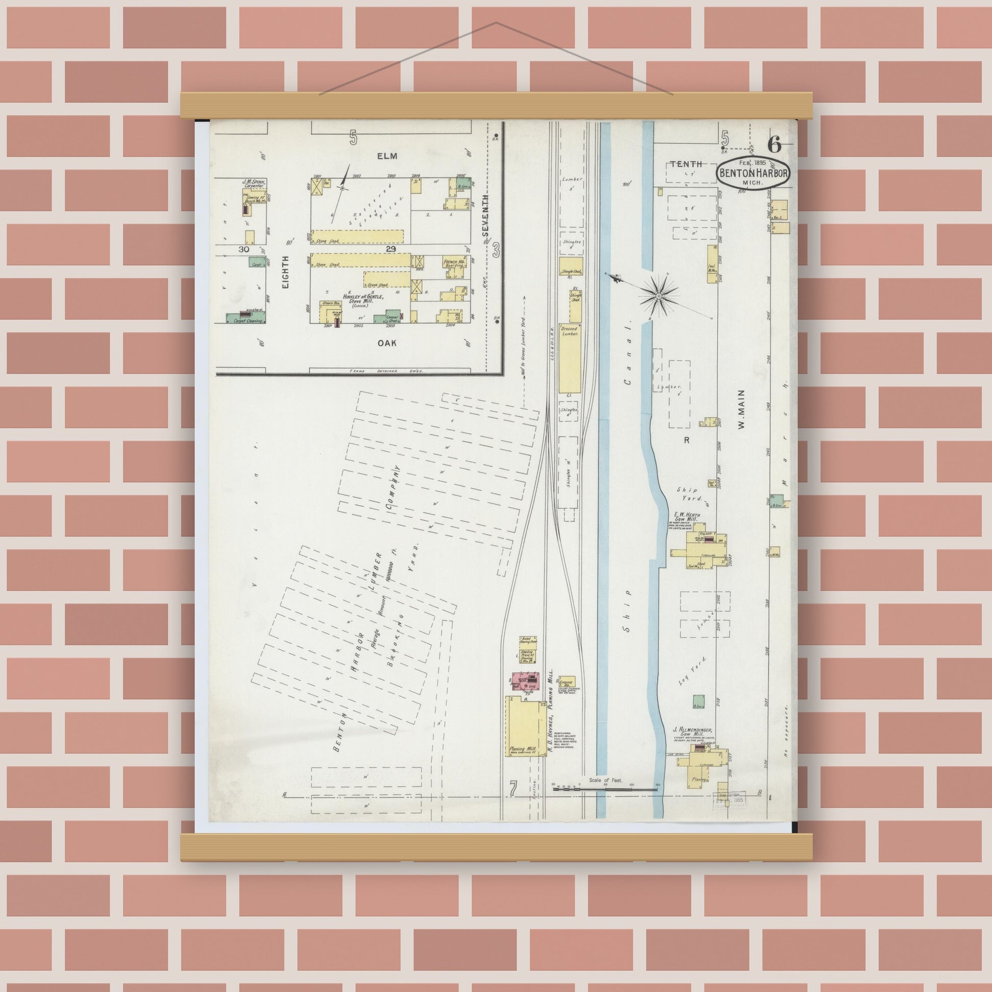 Old map wall art mockup — magnetic wood frame on brick wall — Sanborn Fire Insurance Map from Benton Harbor, Berrien County, Michigan (1895), Sheet #0006