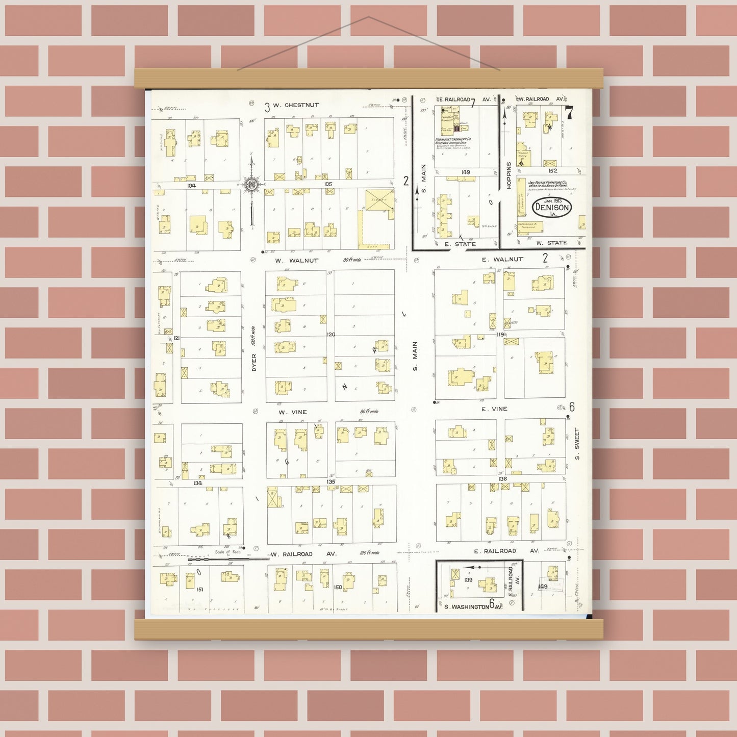 Old map wall art mockup — magnetic wood frame on brick wall — Sanborn Fire Insurance Map from Denison, Crawford County, Iowa (1913), Sheet #0007