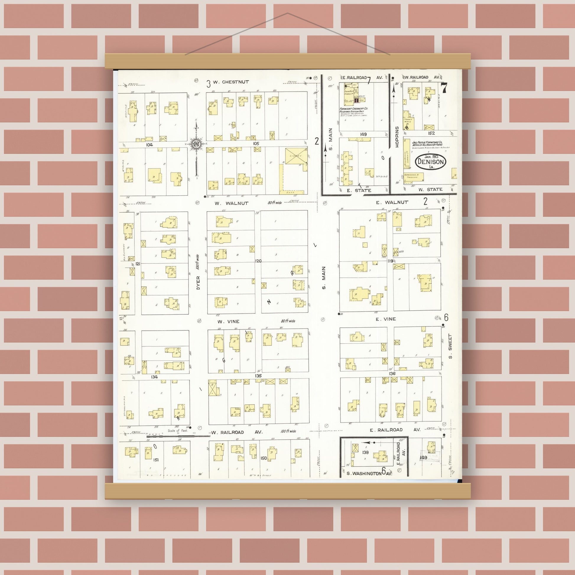 Old map wall art mockup — magnetic wood frame on brick wall — Sanborn Fire Insurance Map from Denison, Crawford County, Iowa (1913), Sheet #0007