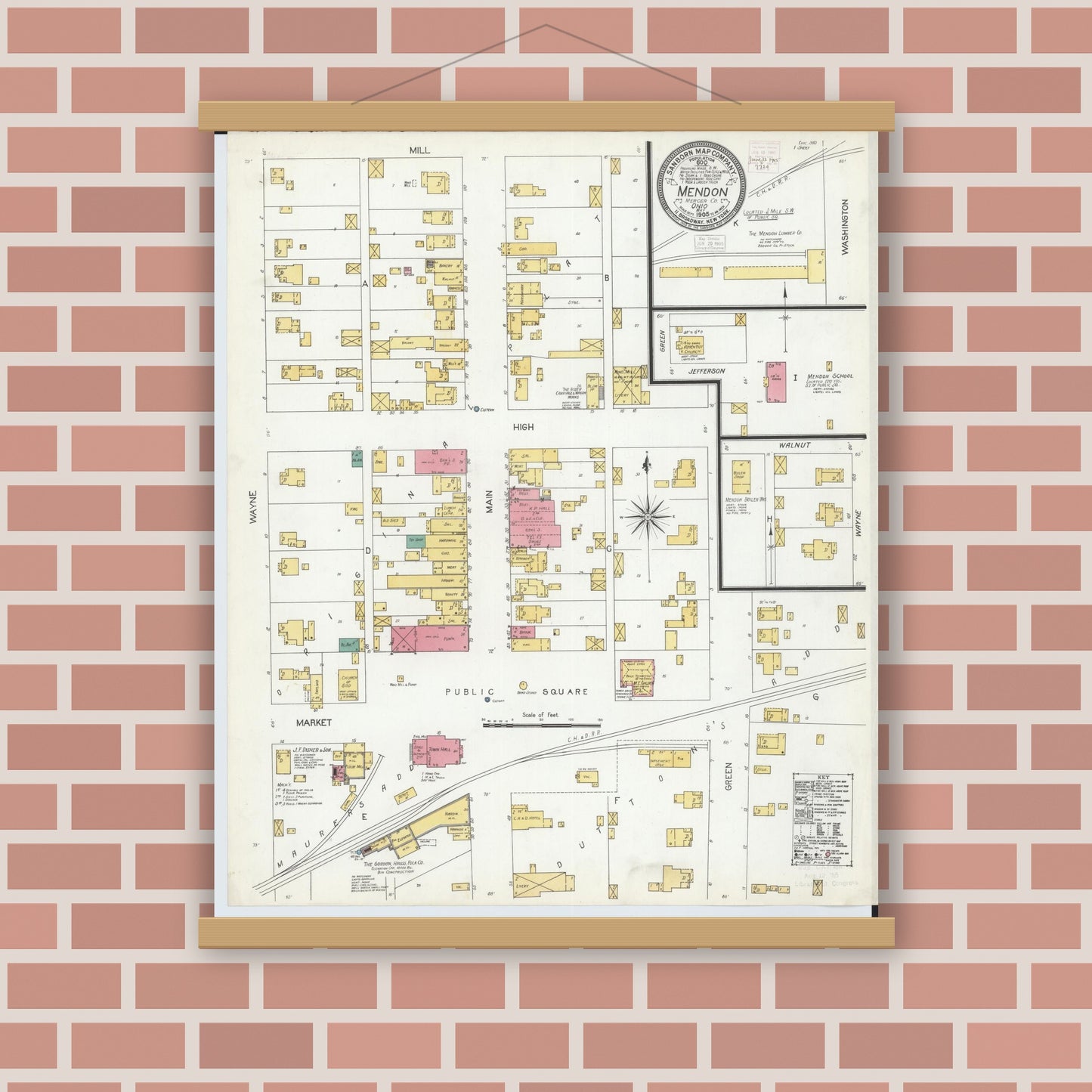 Old map wall art mockup — magnetic wood frame on brick wall — Sanborn Fire Insurance Map from Mendon, Mercer County, Ohio (1905), Sheet #0001