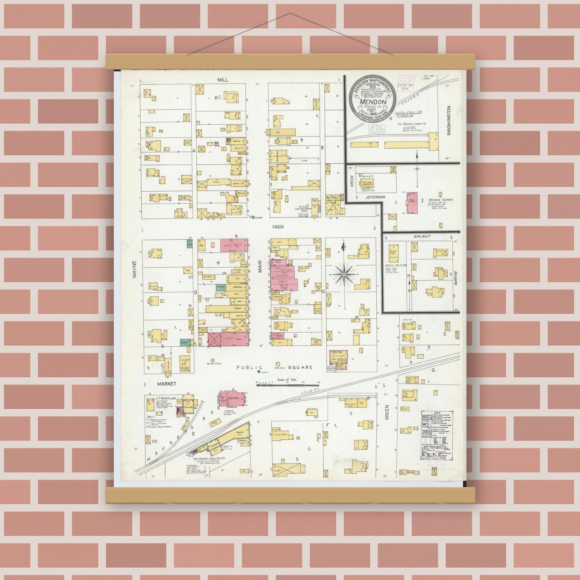 Old map wall art mockup — magnetic wood frame on brick wall — Sanborn Fire Insurance Map from Mendon, Mercer County, Ohio (1905), Sheet #0001