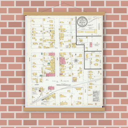 Old map wall art mockup — magnetic wood frame on brick wall — Sanborn Fire Insurance Map from Mendon, Mercer County, Ohio (1905), Sheet #0001
