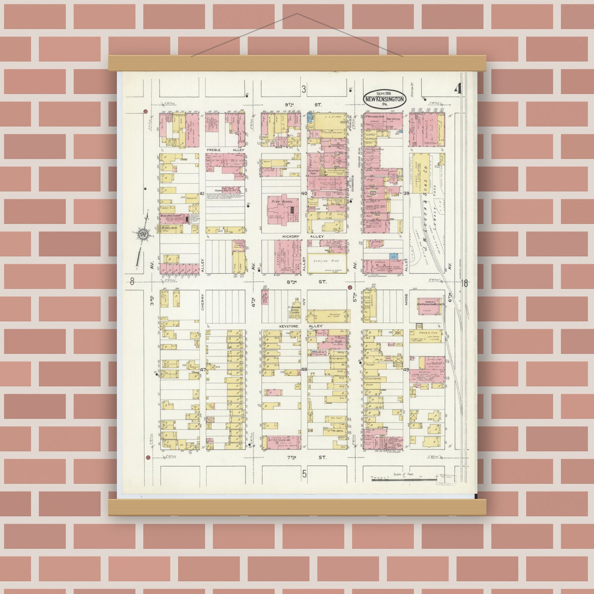 Old map wall art mockup — magnetic wood frame on brick wall — Sanborn Fire Insurance Map from New Kensington, Westmoreland County, Pennsylvania (1915), Sheet #0004