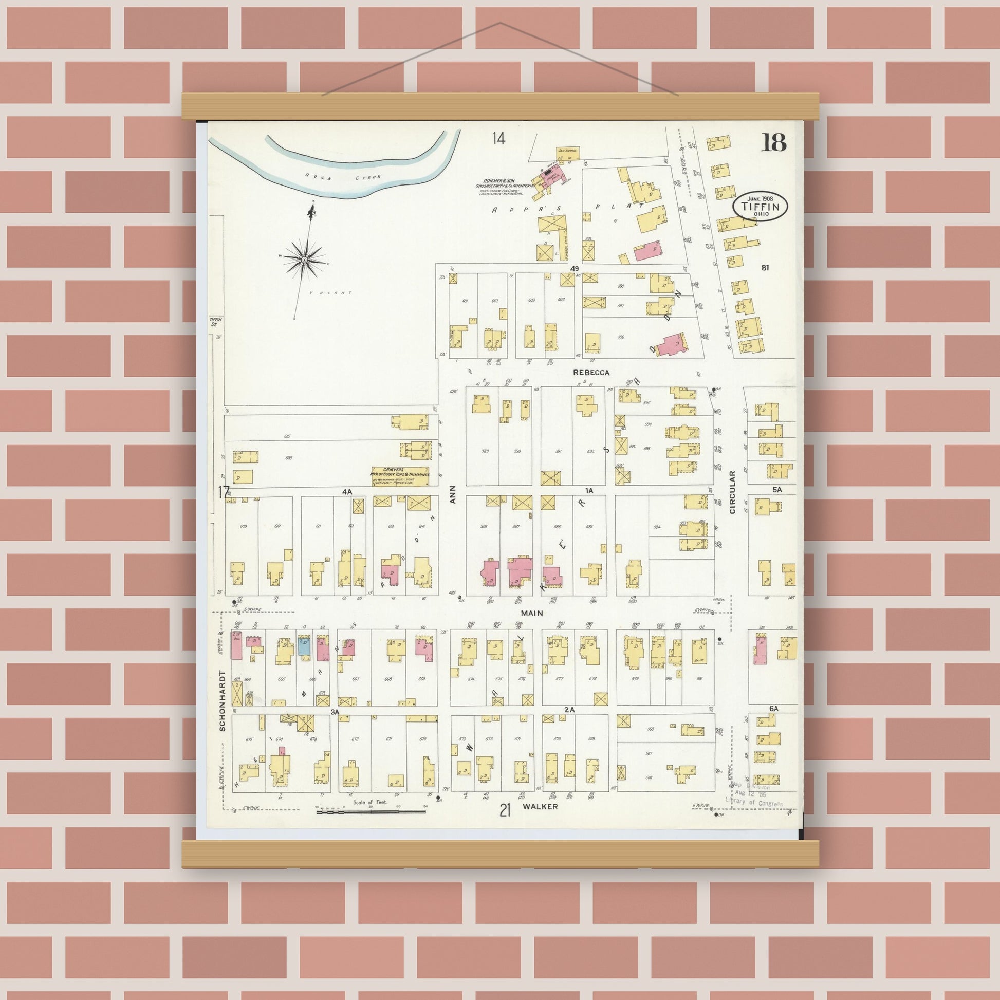 Old map wall art mockup — magnetic wood frame on brick wall — Sanborn Fire Insurance Map from Tiffin, Seneca County, Ohio (1908), Sheet #0018