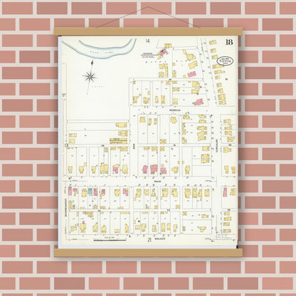 Old map wall art mockup — magnetic wood frame on brick wall — Sanborn Fire Insurance Map from Tiffin, Seneca County, Ohio (1908), Sheet #0018