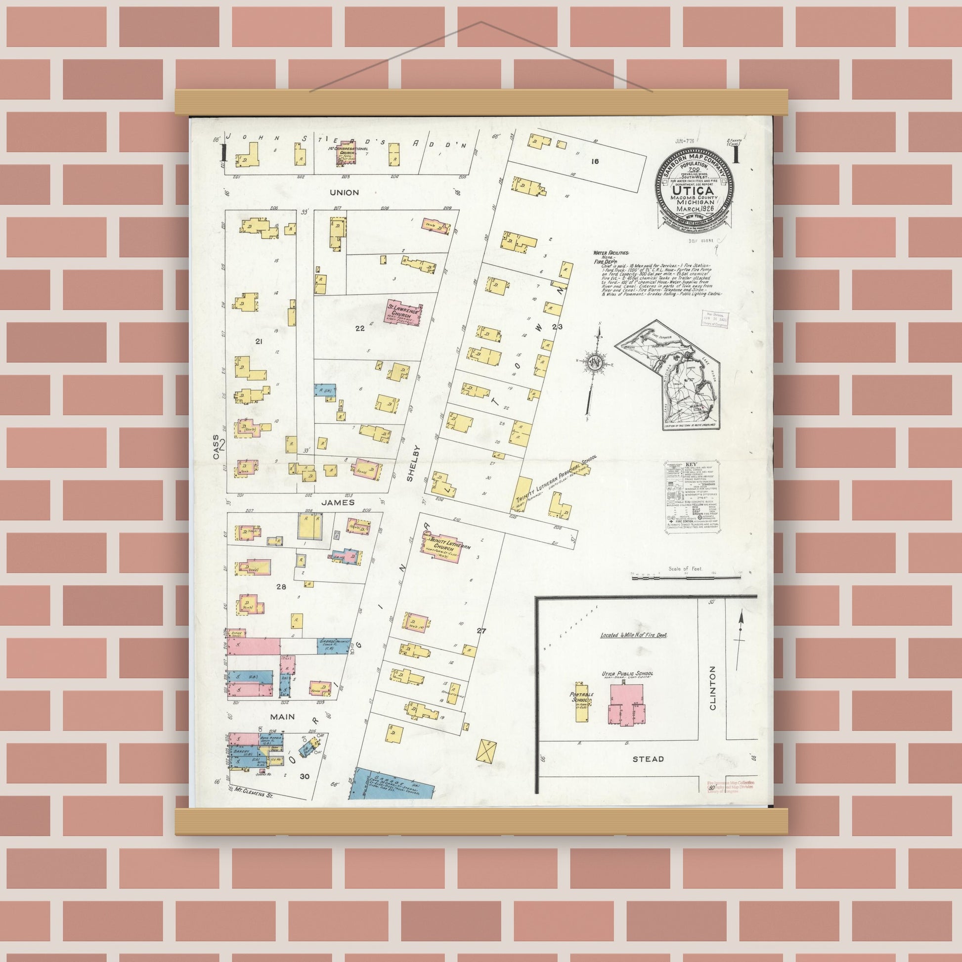 Old map wall art mockup — magnetic wood frame on brick wall — Sanborn Fire Insurance Map from Utica, Macomb County, Michigan (1926) - Complete Map Set